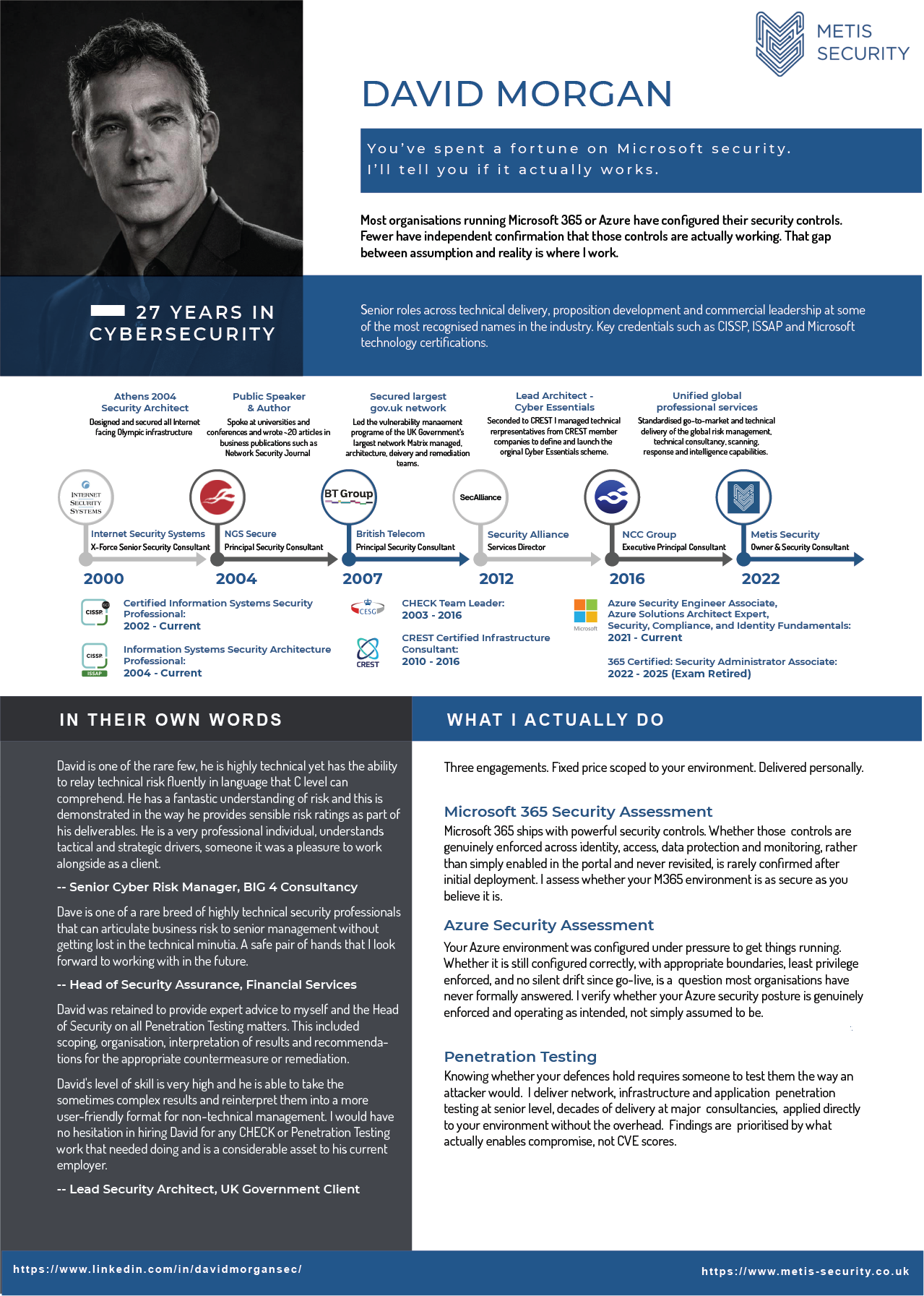 Infographic poster about David Morgan: a black-and-white portrait left, timeline and bio sections on the right with Metis Security branding and a blue color scheme.