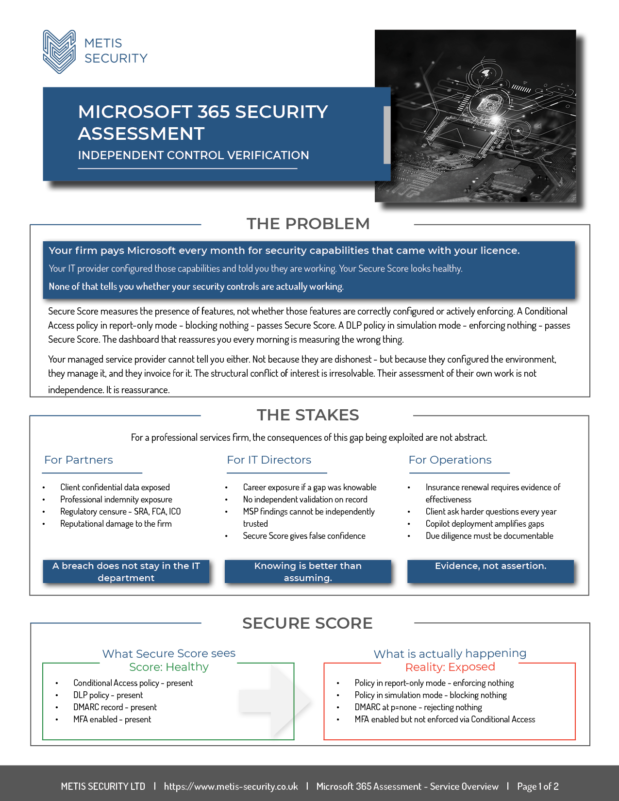 Infographic page by Metis Security: Microsoft 365 Security Assessment with sections on the problem, stakes, and secure score.